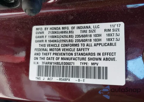 2018 Honda Cr-V Ex-L/Ex-L Navi z USA, uszkodzony, nr VIN 7FARW1H80JE006071